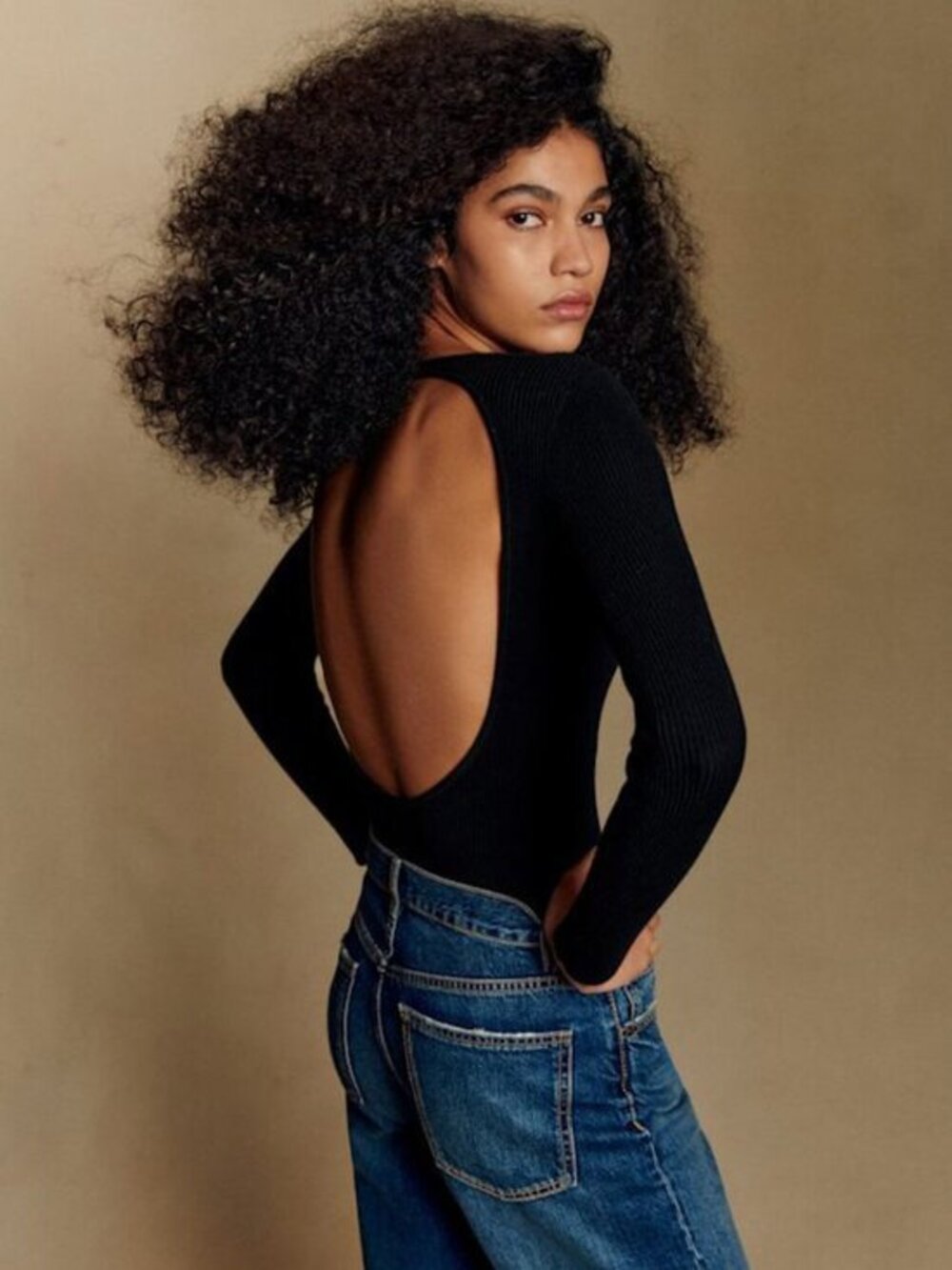 New Sezane Ashley Cotton Wool Open Back Bodysuit Black Small